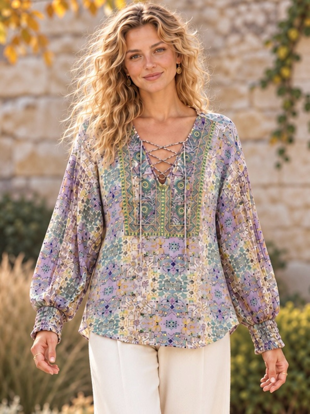 Anthropologie Odetta Embroidered Top Lavender Floral Lace Up Metallic Threads M
